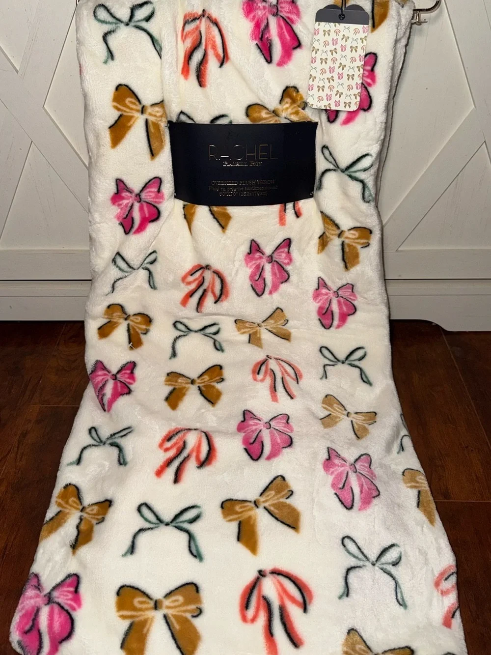 Rachel Roy Colorful Pink & Gold Bows Plush Throw Blanket